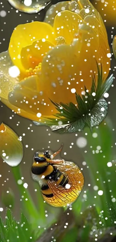 Yellow flower with bee and raindrops mobile wallpaper.