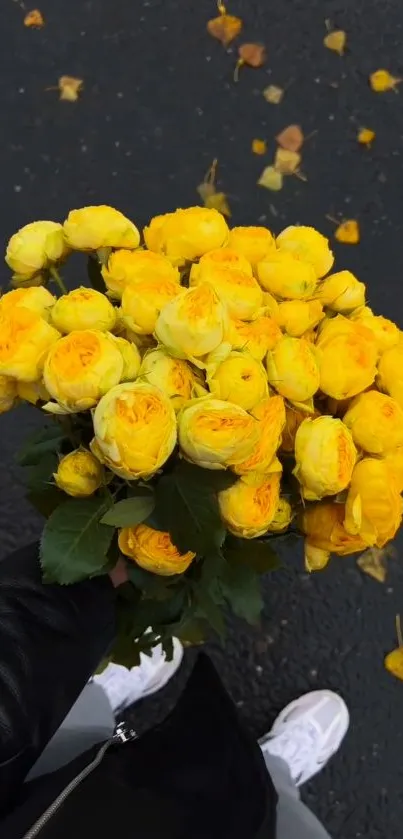 Bright yellow flower bouquet on a dark background, vibrant and eye-catching.