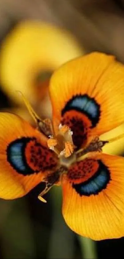 Vibrant yellow flower with blue and black accents on a natural background.