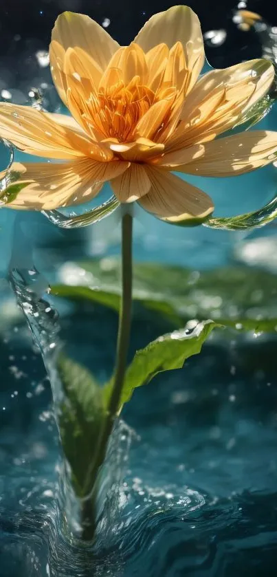 Yellow flower with water splash on blue background.