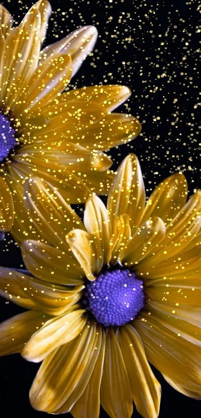 Vibrant yellow flowers with dark background and sparkling accents.