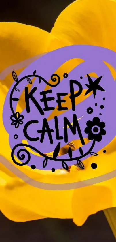 Vibrant yellow flower with 'Keep Calm' text design.