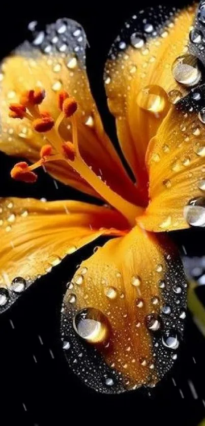 Yellow flower with dewdrops on petals against a dark background.