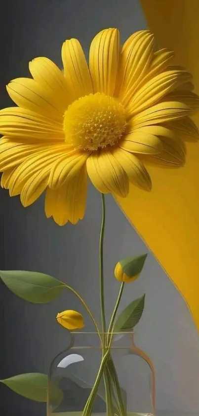 Yellow flower in a vase against a gradient background.