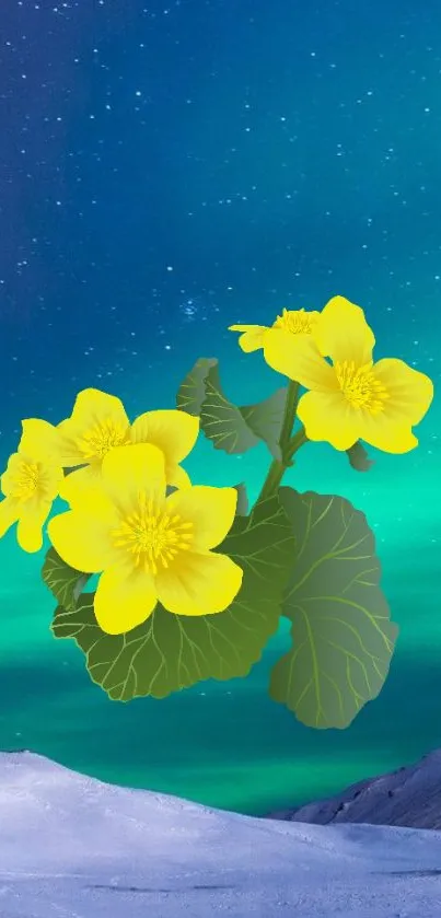 Yellow flowers set against a teal aurora backdrop with snowy foreground.