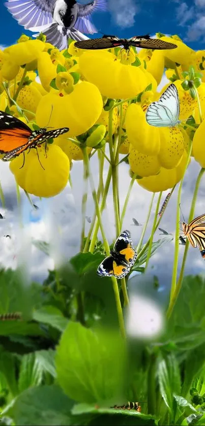 A vibrant wallpaper with yellow flowers and butterflies set against a blue sky.