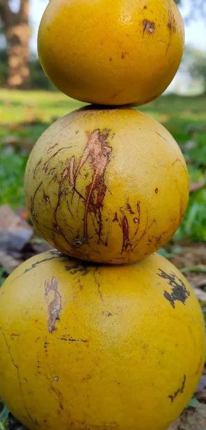 Stack of yellow fruits on grass in a park setting.