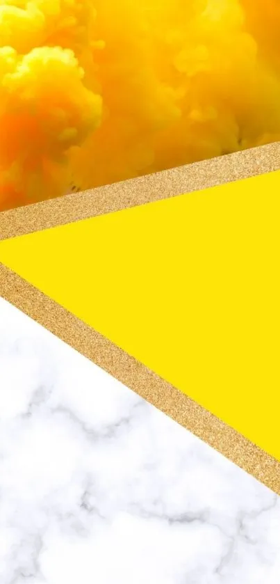 Vibrant yellow geometric wallpaper with marble and gold accents.