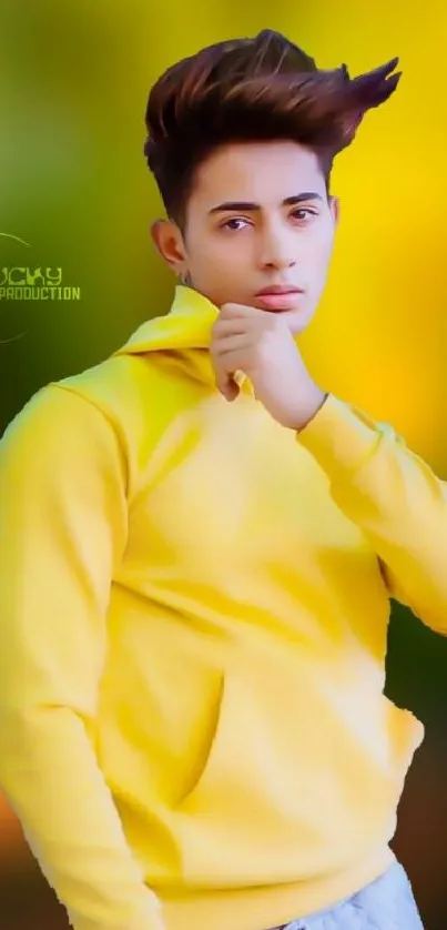 Young person in yellow hoodie against vibrant background.