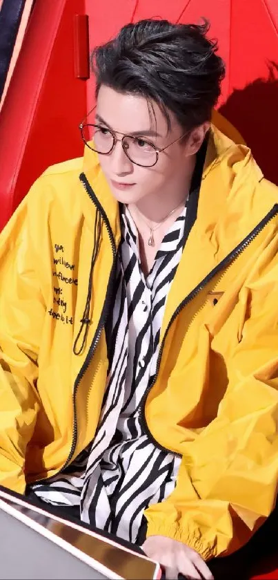 Man in a vibrant yellow jacket, stylish and trendy, seated against a colorful backdrop.