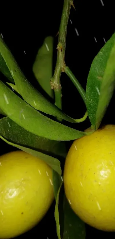 Close-up of vibrant yellow lemons with green leaves on a dark background.