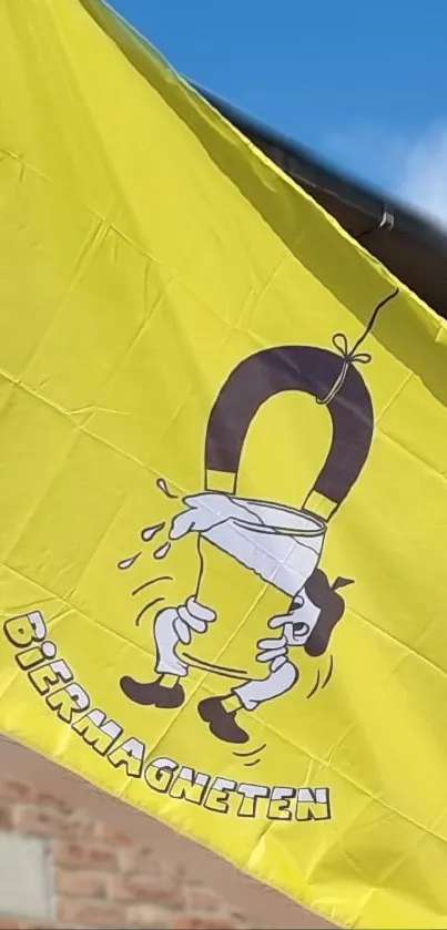 Cartoon magnet on vibrant yellow flag waving in the sky.