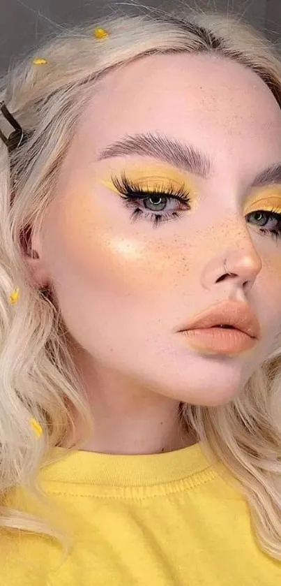 Vibrant yellow makeup look with blonde hair.