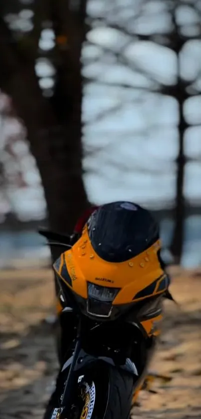 Vibrant yellow motorcycle parked on a scenic road.