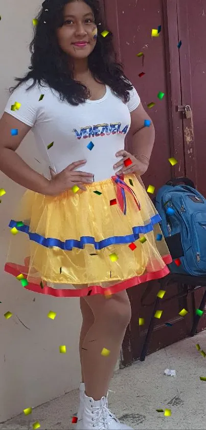 Woman in vibrant outfit with festive confetti.