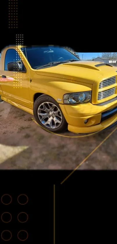 Bright yellow pickup truck on stylish wallpaper design.