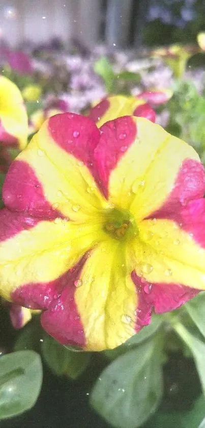 Vibrant yellow and pink flower in bloom with dewdrops.