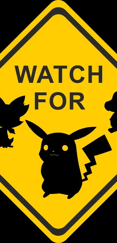 Vibrant yellow Pokémon alert sign wallpaper with silhouettes.