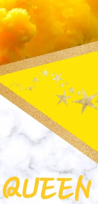 Vibrant yellow wallpaper with stars and 'Queen' text.