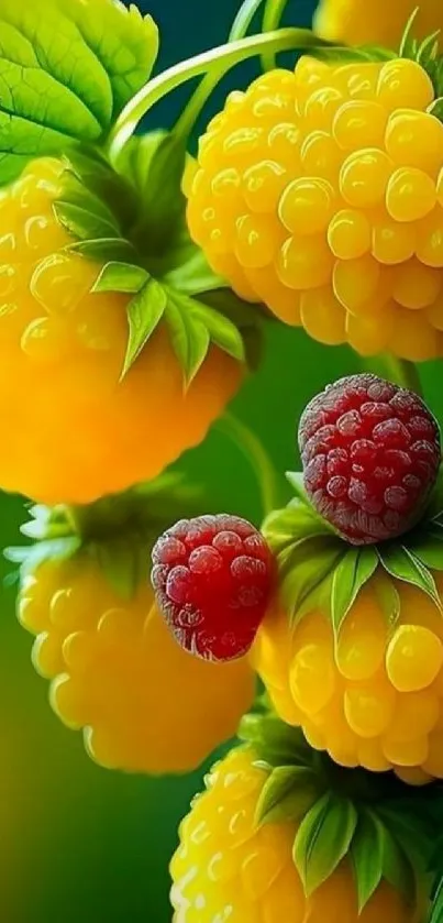 Yellow and red raspberries with green leaves on a vibrant wallpaper.