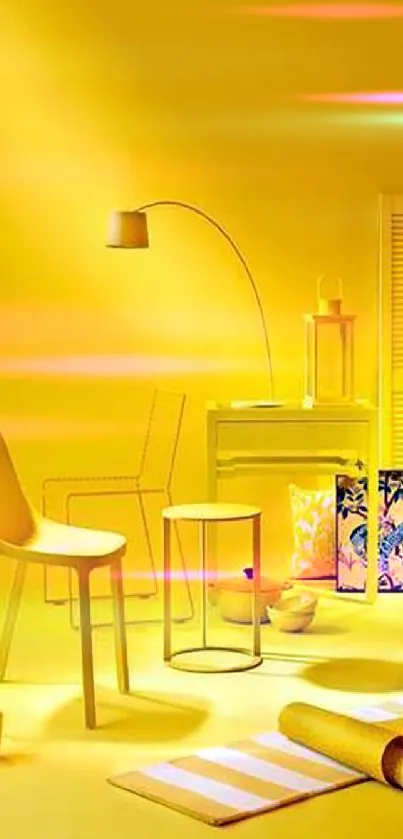 Vibrant yellow room with modern decor elements in bright lighting.