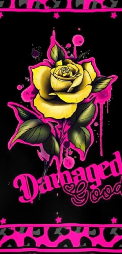 Yellow rose with pink accents and bold text on black background.