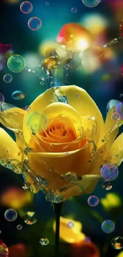 Vibrant yellow rose with water drops and colorful background.