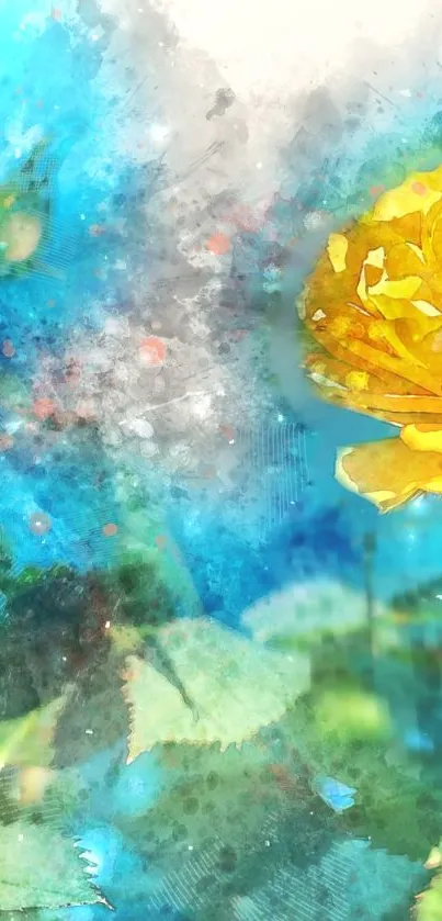 Vibrant yellow rose with watercolor effect on a blue artistic background.