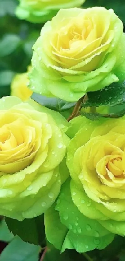 Close-up of vibrant yellow roses with lush green leaves.