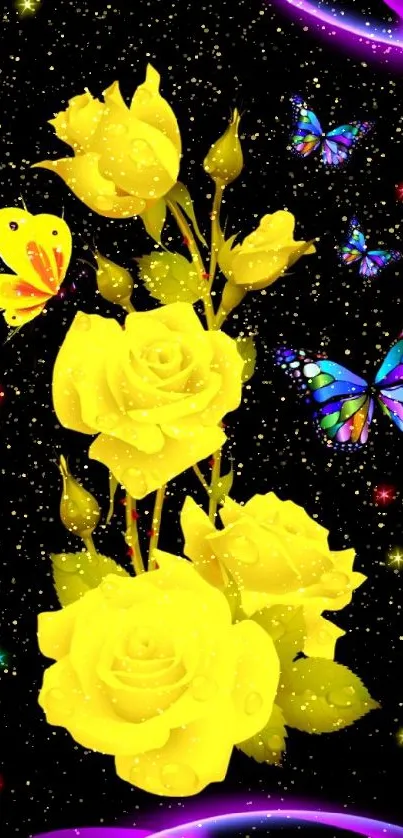 Vibrant wallpaper with yellow roses and butterflies on a black background.