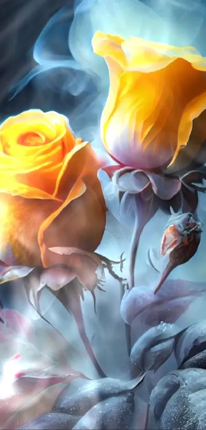 Yellow roses with blue fog and frosted leaves on mobile wallpaper.