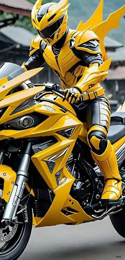 Futuristic biker in striking yellow suit on motorcycle, bold and dynamic.