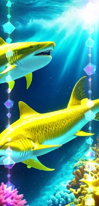 Dynamic yellow sharks swimming in a vibrant coral reef under the ocean sunlight.