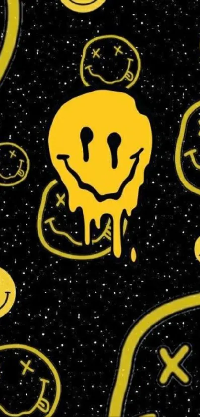 Black wallpaper with yellow smiley faces and stars.