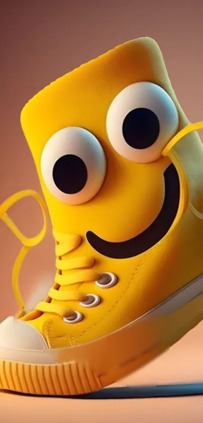 Playful yellow sneaker with a smiley face design on a mobile wallpaper.