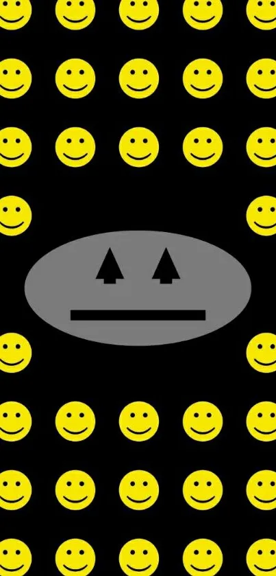 Mobile wallpaper with yellow smiley faces on a black background.