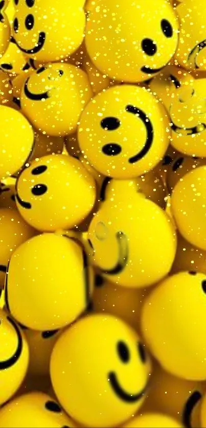 Bright yellow wallpaper with multiple smiley faces and bubble pattern.