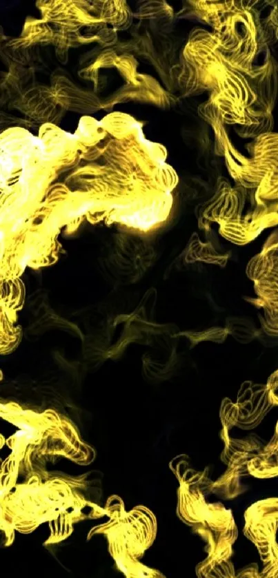 Vibrant yellow smoke design on black background mobile wallpaper.