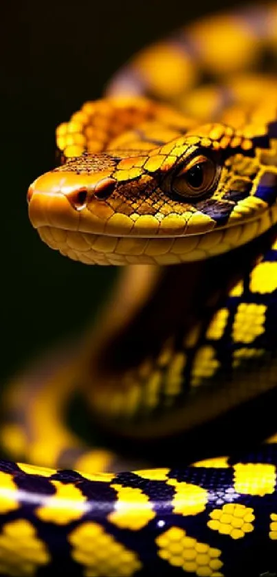 Close-up of a vibrant yellow snake with black patterns on dark background.