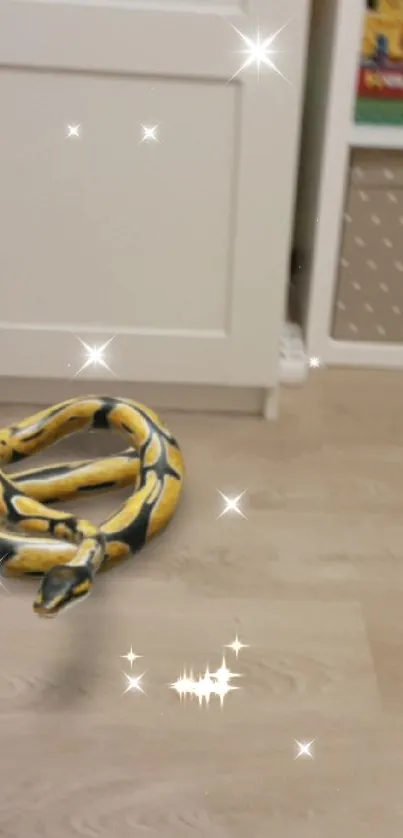 Vibrant yellow snake on a wooden floor with sparkles.