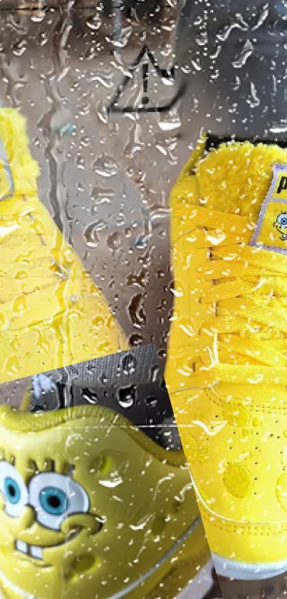 Spongebob-themed yellow Puma sneakers with raindrop effect on mobile wallpaper.