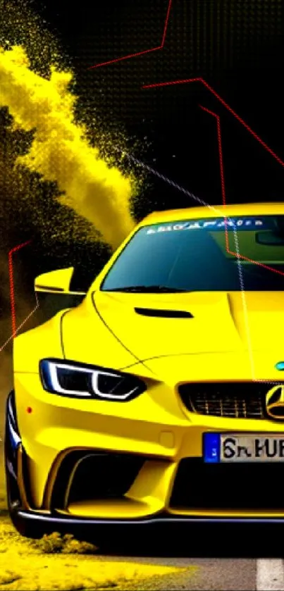 Vibrant yellow sports car with cloud effect, perfect for car enthusiasts.