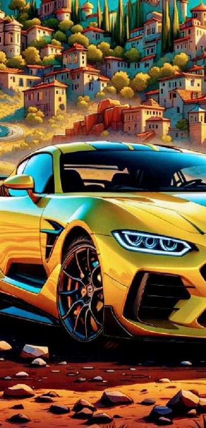 Vibrant yellow sports car with scenic hillside village.