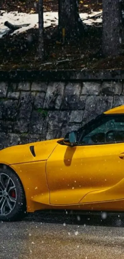 Vibrant yellow sports car on a rainy road.