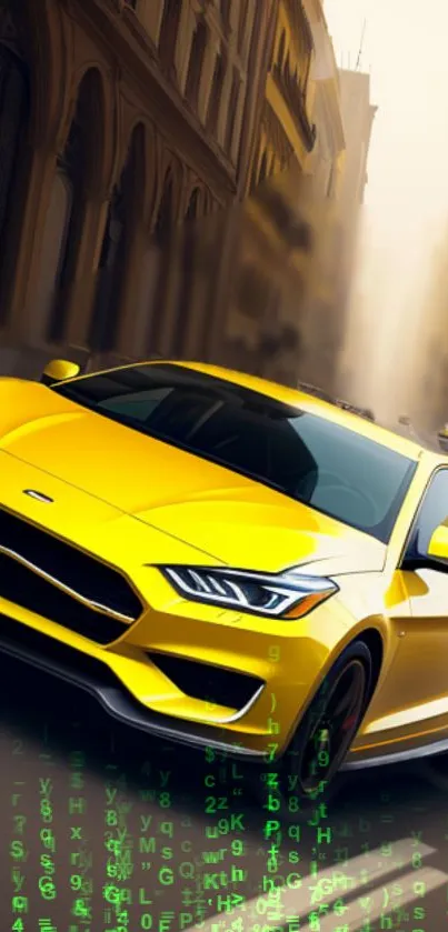 Vibrant yellow sports car driving through city streets.