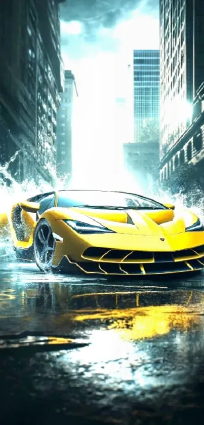 Yellow sports car speeding through a vibrant city street.
