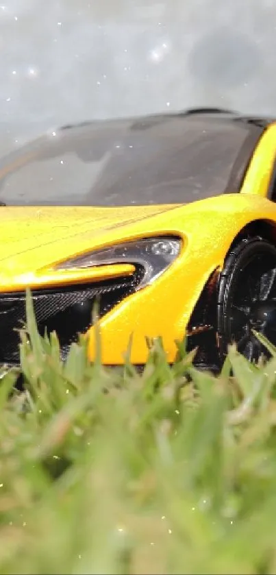 Yellow sports car on grass, sleek design.