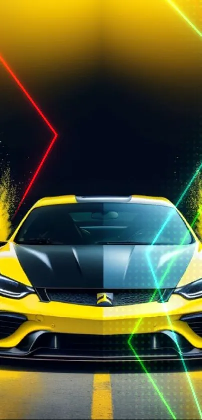 Vibrant yellow sports car with dynamic dust accents.