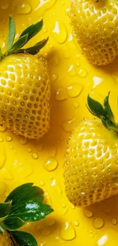 Close-up of yellow strawberries with dewy texture on a vibrant yellow background.