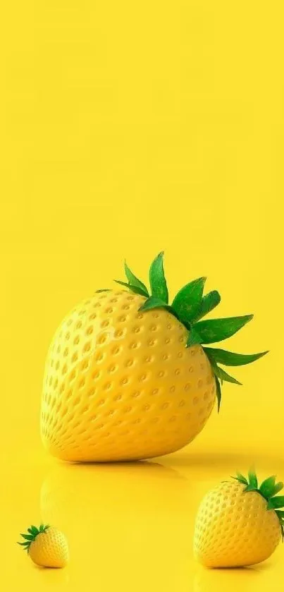 Yellow strawberry with green leaf on bright yellow background.